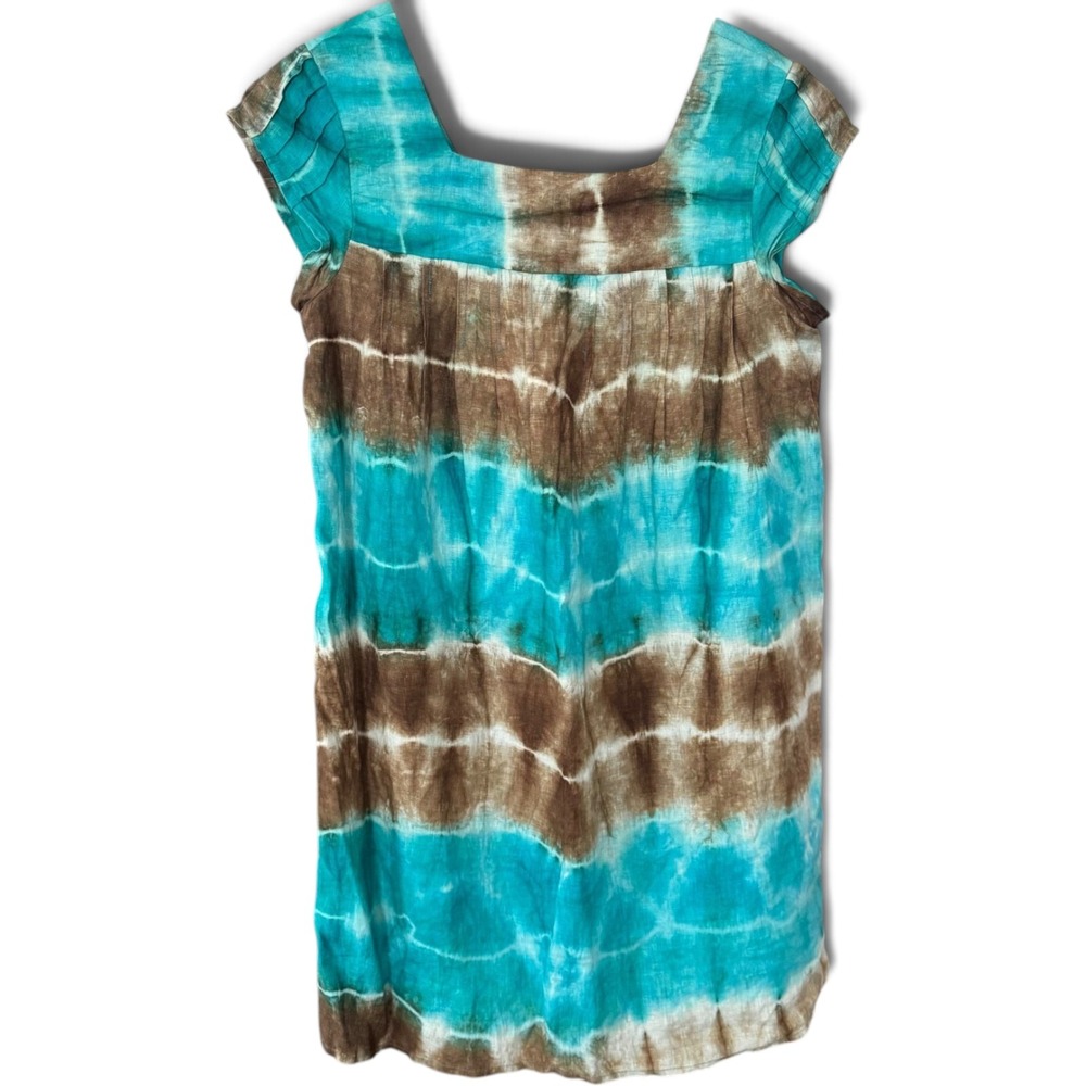 Calypso St. Barth Mini Dress XS Turquoise Brown Tie Dye Linen Beachy Hippie
